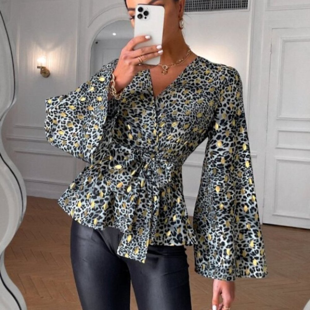 Leopard & Gold Dot Print Trumpet Sleeve Knotted Pe - Picture 4 of 6